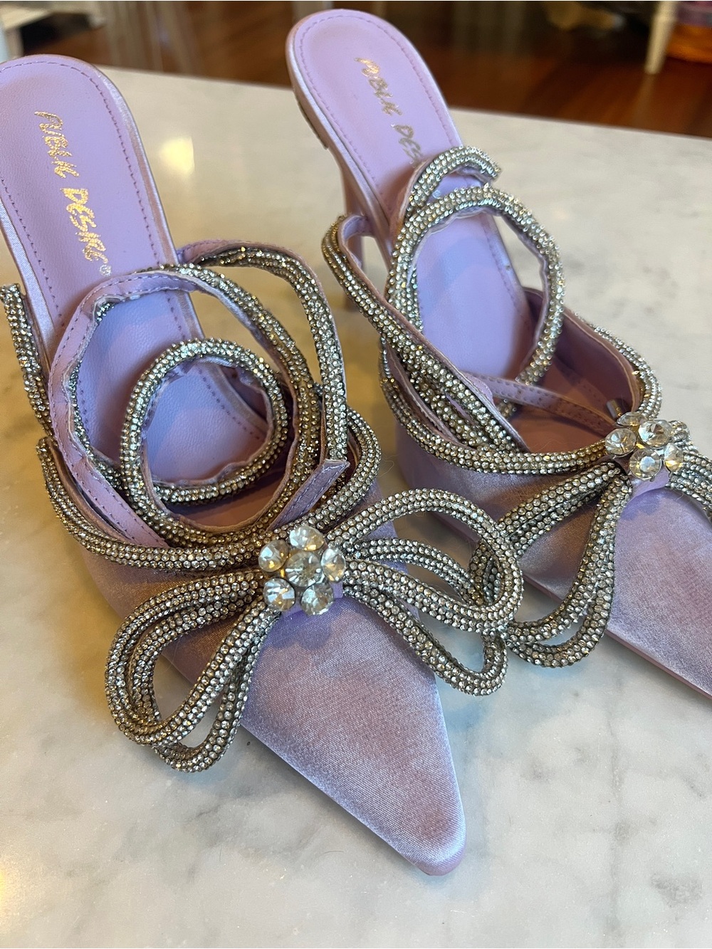 Public Desire Soft Purple Satin Crystal-Embellished Pointed Stiletto Heels
